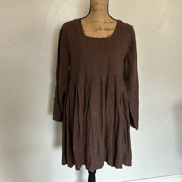 aly wear Dresses & Skirts - ALY WEAR Linen Brown Choco Washed Babydoll Tunic Dress EUC M